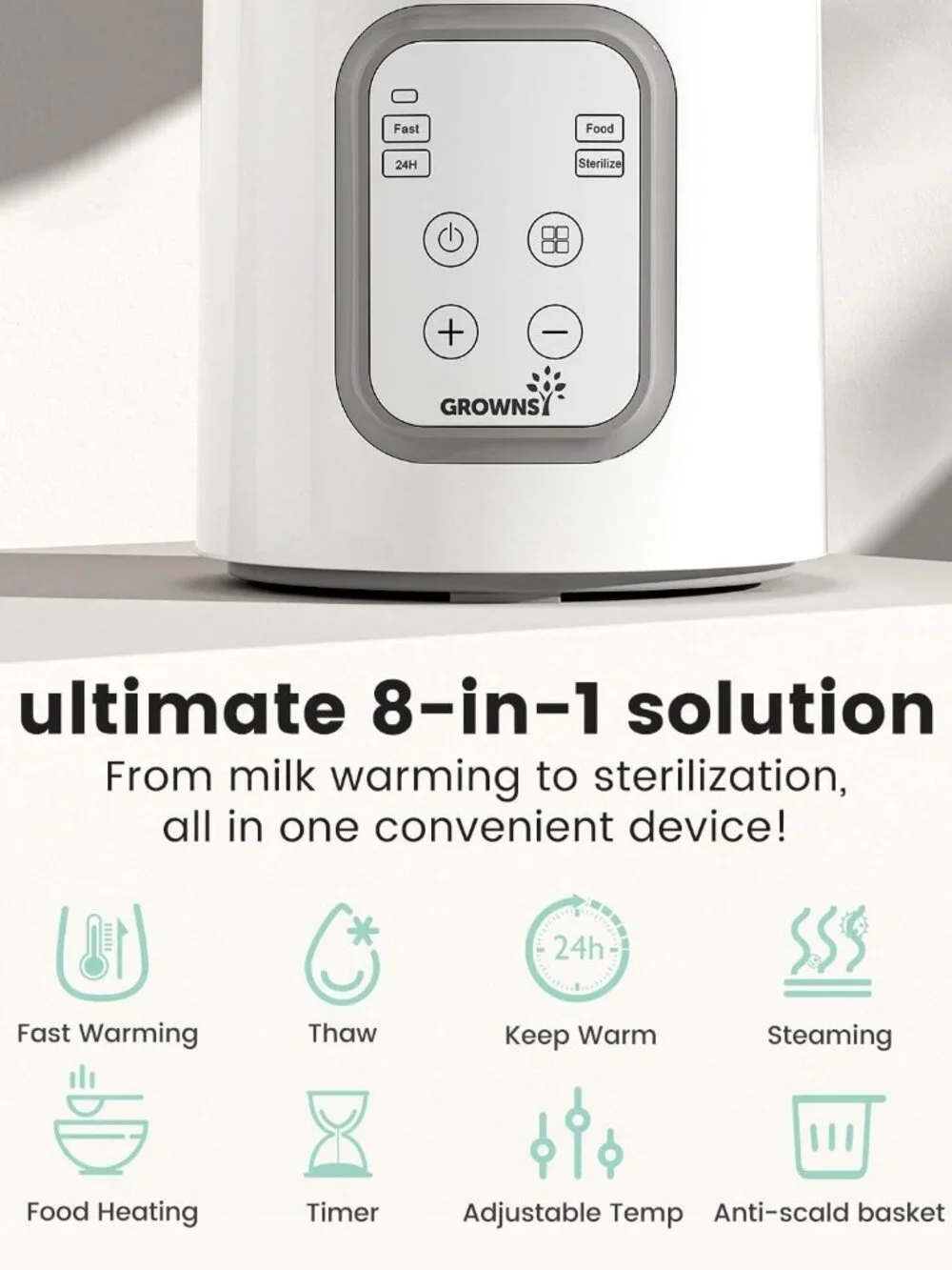 GROWNSY White Baby Bottle Warmer Digital Display 8-in-1 Fast Heating